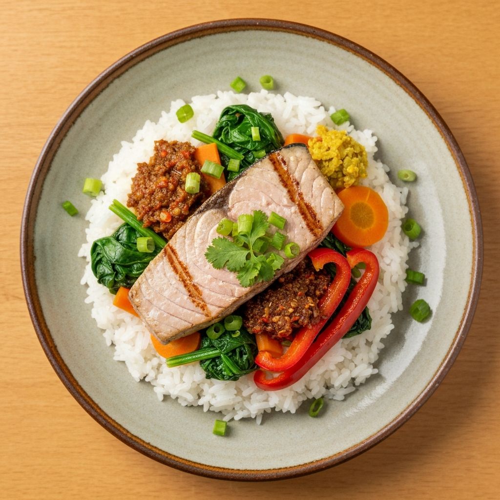 Beautifully balanced meal with rice, vegetables, protein, and fresh herbs